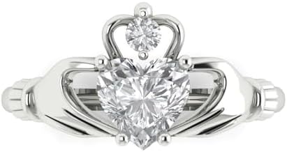 1.05 tcw Heart Cut Cocktail Ring for Women in 14K White Gold, White Sapphire Birthstone Celtic Claddagh Solid Gold Womens Statement Fashion Ring (Size Adjustable)