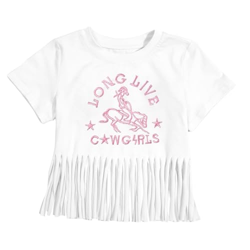 Image of Girls Western Shirt Cowgirls Embroidered Country Concert T Shirt Graphic Horseback Rider Tassel Fringe Tee Tops