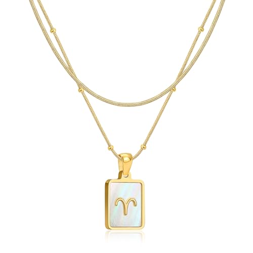LETFLY Aries Zodiac Gold Necklace Stack for Women 18K Gold Plated Square Shaped Pendant with Adjustable Layered Snake Chain for Women Jewelry Gifts