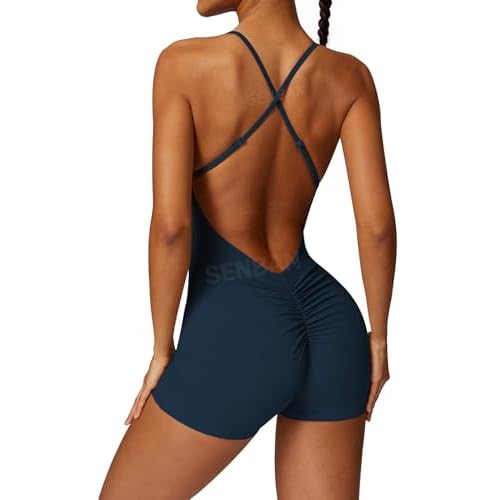 SENBAN Women Zip Up Rompers One Piece Yoga Workout Shorts Jumpsuit Short Sleeve Tummy Control Bodycon Bodysuit Small B Navy Blue