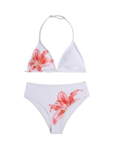 Image of RoseSeek Girl's Tie Dye Smocked 2 Piece Swimwear Sets Backless Halter Bikini Cute Brief Bathing Suit