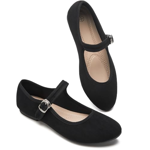 BABUDOG Womens Mary Jane Flats with Strap,Faux Suede Black Flats Shoes,Flats Shoes Women Dressy Comfortable(Black 07)