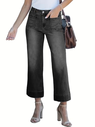 Wide Leg Jeans for Women Trendy High Waisted Flare Jeans Cropped Denim Pants Stretchy Baggy with Patch Pockets