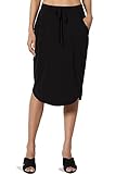 Women's Drawstring Elastic Waist Dolphin Hem Stretch Jersey Pocket Midi Skirt Black S