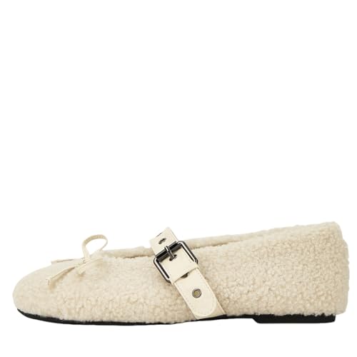 Fur Ballet Flats for Women Comfy Faux Shearling Mary Jane Flats