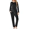Lovasy Warm Schlafanzug Damen Winter Lang Velour Pyjama Set Langarm Rundhals Schlafanzüge für Damen mit Taschen,Schwarz,XL