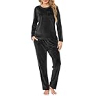 Lovasy Warm Schlafanzug Damen Winter Lang Velour Pyjama Set Langarm Rundhals Schlafanzüge für Damen mit Taschen,Schwarz,XL