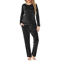 Lovasy Warm Schlafanzug Damen Winter Lang Velour Pyjama Set Langarm Rundhals Schlafanzüge für Damen mit Taschen,Schwarz,XL