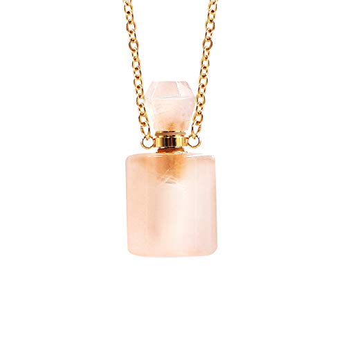 Kzbaki Heart Shape Perfume Locket Bottle Necklace Natural Crystal Stone Aroma Essential Oil Diffuser Pendant Necklace for Womens (Rose Quartz#2)