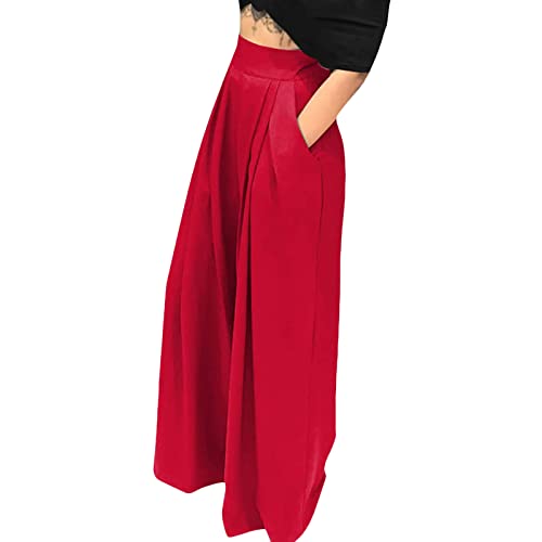 Women High Waist Casual Wide Leg Long Palazzo Pants Trousers Loose Fit Solid Color Beach Pants (Red, XL) Cover