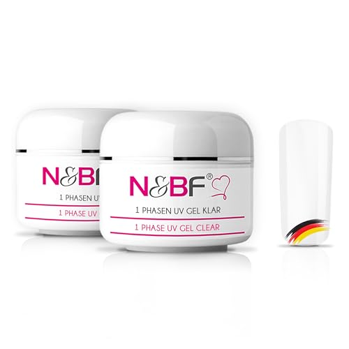 N&BF 1-fase UV-gel, transparant, dikke viscositeit, 2 x 50 ml, 3-in-1 gel transparant, made in EU, allrounder gel voor nagels, all-in-one gel zonder zuur + zelfgladmakend, éénfasengel, UV-nagelgel, voordeelset