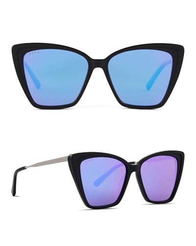 DIFF Becky II Oversized Cat Eye Sunglasses UV400, Matte Black + Purple Mirror Polarized