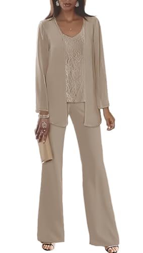 Elegant Lace Applique Pant Suits for Women Dressy Plus Size 3 PCS Taupe Mother of The Bride Dresses for Wedding Pantsuits with Jacket,US16W