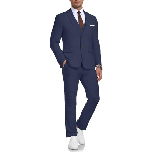 Men's 3 Piece Linen Suit Set Slim Fit Casual Lightweight Blazer Jacket Vest Pants Tuxedo Set for Party Wedding