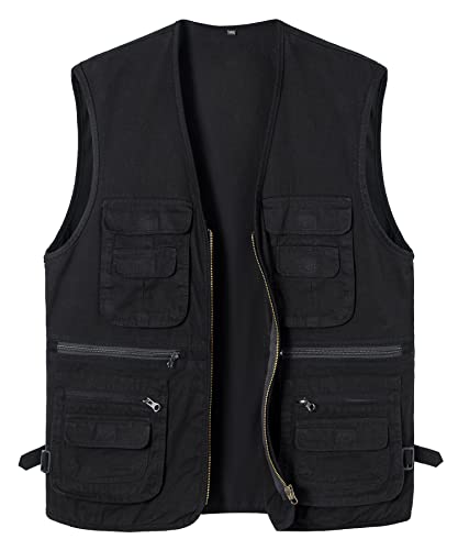 Yukirtiq Homme Gilet de Pêche Photographe Multi-poches Veste de Chasse Sans Manche Gilet de Plein Air Coton Gilet de Peche Voyage, Noir, 3XL