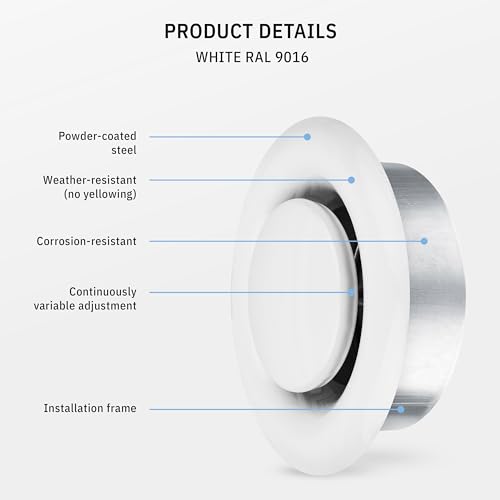 Image of Round Vent Cover TVSA 6 Inch Small Round Air Vent with adjustable Register, Diffuser Metal, Wall Cover for Bathroom, Kitchen, Garage - Outdoor & Indoor use, White RAL 9016