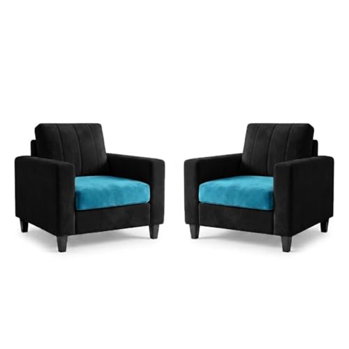 Image of Hendrick Plush Velvet 3 Seater + 1 Seater + 1 Seater Sofa Set | Silken Velvet Upholstery | Golden Legs | Designer Set for Living Room & Office Spaces (Black & Aqua Blue)