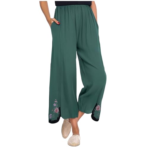 Women Wide Leg Pants Cotton Linen Embroidery Elastic Waist Wide Leg Palazzo Trousers Casual Fashion Vintage Pant