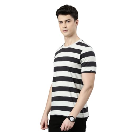 Image of FASO Men's Yarn Dyed Striped T-Shirt | Super Soft Combed Cotton | Sporty Big Stripes | Half Sleeves | Customized Comfort Fit for Smart Casual Wear