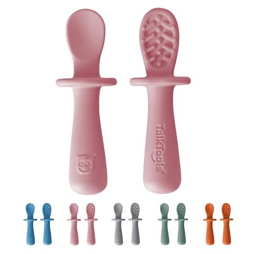 Image of TalkTools ITSY Tiny Silicone Spoons – Twin Pack Soft Silicone Self-Feeding Training Spoons for Kids & Toddlers, Anti-Choking Flange Guard and Non-Slip Handle (Bubblegum)