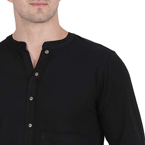 Image of Men Black Henley Neck Cotton Full Sleeve T-Shirt