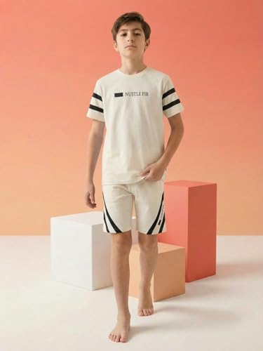 Image of Li'l Tomatoes Boys 100% Cotton Night Suit Set | Half Sleeve T-Shirt & Shorts | Color Block & Typography Print | Soft & Breathable Sleepwear | Casual Summer Wear | 9-16 Years