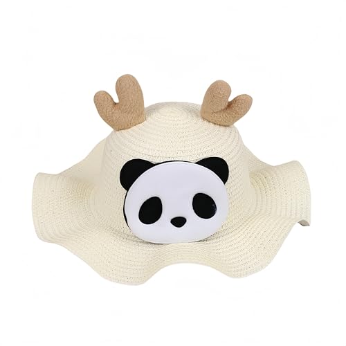 Straw Cartoon Panda Hat，Summer Beach Sunscreen Sunshade Mini Cute Party Hat for Girls Boys 2-8 Years