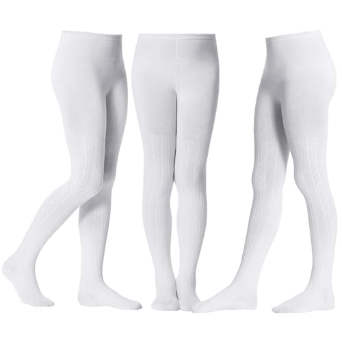 Image of Zando 3Pack Girls Tights Kids Cable Knit Cotton Winter Warm Leggings 4-12T | Footed Seamless Stockings for Girls, School Uniform and Daily Skirt Wear. Thick Warm Fabric with High Stretch