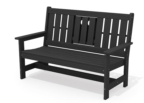 Image of SERWALL HDPE Outdoor Bench with Cup Holder Oversized 58 inch Porch Bench, Black
