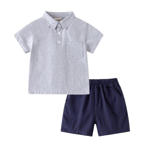 Image of Irsutey Baby Boys 2Pcs Summer Outfits Button Polo T-Shirt Tops Shorts Elastic Waistband Shorts Set Casual Striped Outfits (Gray,100/18-24 M)