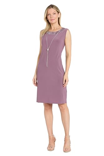 Image of R&M Richards Women's Elegant Metallic Jacquard Knit Jacket Dress | Shimmering 2-Piece Ensemble W /Detachable Necklace