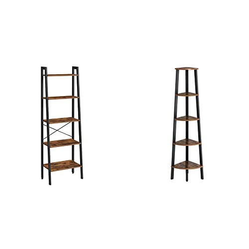 VASAGLE Industrial Bookcase, 5-Tier Corner Shelf, Rustic Brown & ...