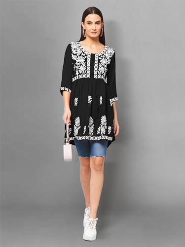 Image of Winza Designer Rayon Chikankari Embroidered Short Kurti | Plus Size Kurta Tunic Top