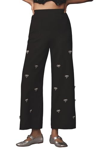 Ladyful Wide Leg Pant for Women Bow Rhinestone Casual High Waisted Business Work Dressy Cropped Pant Trouser
