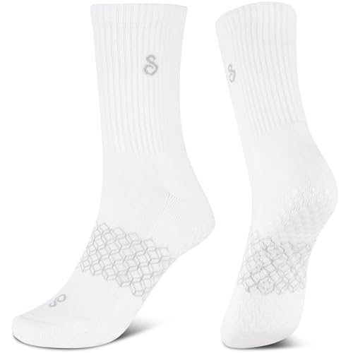 Non Slip Pilates Grip Socks Crew Length For Reformer, Mat, Barre, Yoga, Organic Cotton, White Medium, Anti Slip Crew Midcalf Gripper Long Socks