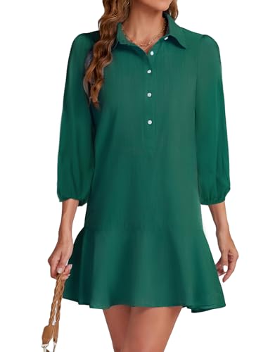 Image of YEXPINE Women Button Down Dress Casual 3 /4 Puff Sleeve Cotton Linen Dress Flowy Ruffle Hem Tunic Shirt Dresses