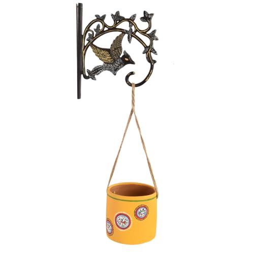 Image of AAKRITI ART CREATIONS Terracotta Hanging Planter with Metal Stand | Yellow Warli Art, Matte Finish | Decorative Hanging Pot for Indoor & Outdoor Home Decor