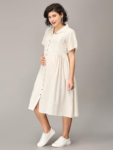 Image of The Mom Store Maternity & Nursing Midi Dress for Women | Pregnancy & Postpartum Wear | Cotton Flex Dress for New Mom | Trendy Stylish Comfortable Feeding Dress for Womens | Causal Office Formal Wear