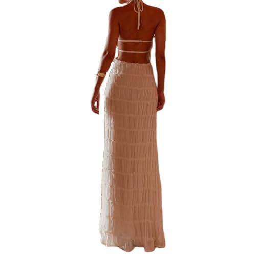 Image of Women Backless Maxi Beach Dress Spaghetti Strap Halter Smocked Long Dress Flowy Vacation Sundress