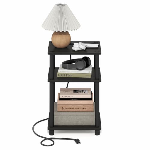 Image of Furinno Just 3-Tier Night Stand with Charging Station, Black Espresso | USB and Type-C Charging Port, Open Shelf Bedside Table, Side Table, End Table, for Living Room, Bedroom