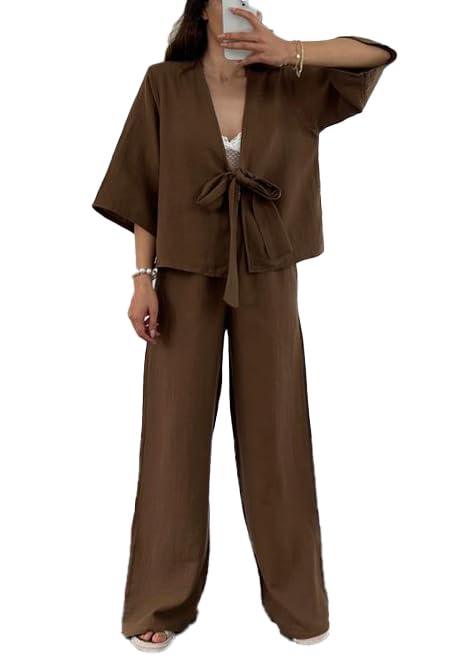 Photo 1 of Asskdan Womens 2 Piece Outfits Lounge Sets Linen High Waisted Pants Oversized Cardigan 2023 Trendy Vacation Set Medium 2015 Dark Brown