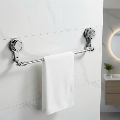 Amazon Basics Suction Adjustable Towel Rod (60–112Cm) | Self Adhesive Wall Mounted Towel Rack for Bathroom | No Drill, Rustproof