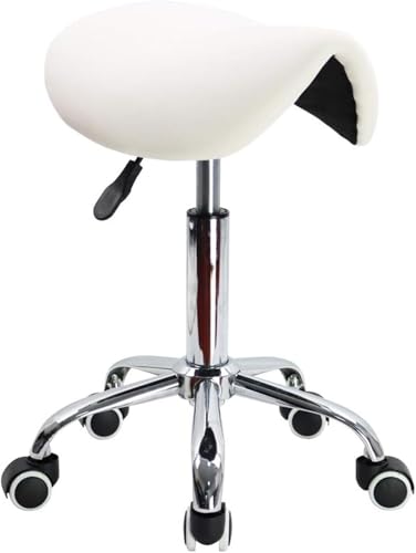RUWLFE Taburete con Ruedas Silla Tipo Taburete con sillín, Silla con Ruedas ergonómica, decoración de uñas, Tatuador, odontología, Masaje, Silla hidráulica Ajustable(White)