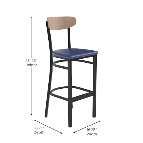 Image of Flash Furniture Wright Set of 2 Commercial Barstools - Natural Wood Boomerang Back - Blue Vinyl Seat - 500 LB. Capacity Black Steel Frame - Integrated Footrest