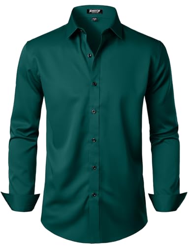 JEMITOP Men's Stretch Wrinkle Free Dress Shirts Formal Wedding Prom Long Sleeve Button Down Shirt Emerald Green S