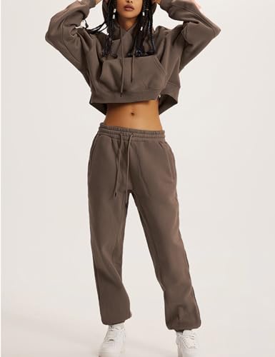 Flygo Womens Fleece 2 Piece Outfits Sweatsuit Crop Pullover Sweatshirt Joggers Pants Tracksuit Set