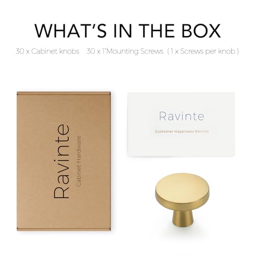 Image of Ravinte 30 Pack Solid Single Hole Kitchen Round Cabinet Knobs Brushed Brass Pulls Drawer Knobs Kitchen Cabinet Hardware Handles