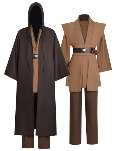 Zngewcv Mens Costume Brown Tunic Cape Hooded Cloak Robe Uniform Suit Halloween Cosplay Outfit (Brown Full Set, Medium)