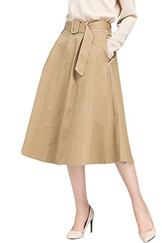 GGUHHU Womens Classic Belted High Waist Twill Cotton A-Line Midi Skirts with Pockets
