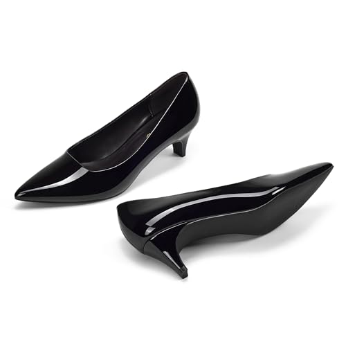 GENSHUO Damen Pumps Kitten Heel 5cm Spitze Zehen Slip On Bequem Büro Arbeit Hochzeit Alltag Elegante Low Heel Schuhe, Schwarz Lack, 39 EU